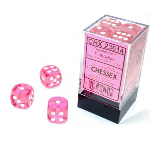 Chessex 16mm Dice, D6: Translucent Pink/White (12-Die Set)