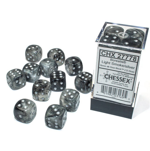 Chessex 16mm Dice, D6: Borealis Light Smoke/Silver Luminary (12-Die Set)