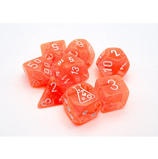 Chessex Polyhedral Lab Dice: Translucent Neon Orange/white Polyhedral 7-Dice Set With Bonus Die