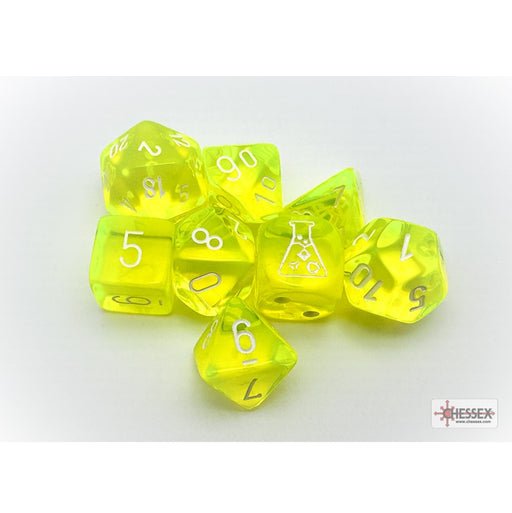 Chessex Polyhedral Lab Dice: Translucent Neon Yellow/white Polyhedral 7-Dice Set With Bonus Die