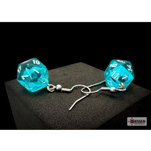 Chessex Hook Earrings: Translucent Teal Mini-Poly d20 Pair