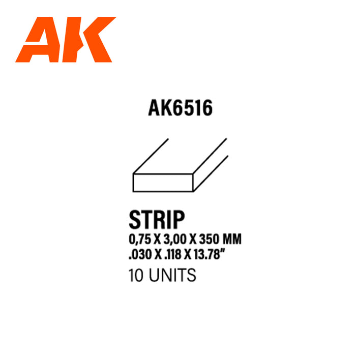 Styrene Strips 0.75 x 3mm x 350mm - (10 Units)