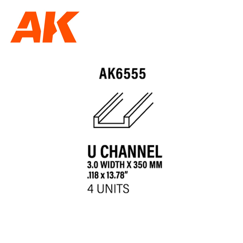 Styrene Strip U Channel 3mm Width x 350mm - (4 units)