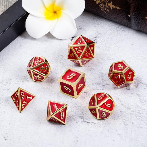 Metal & Enamel Dice Set - Red & Gold (7pcs)