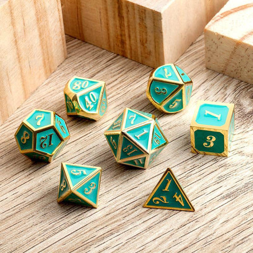 Metal & Enamel Dice Set - Teal & Gold (7pcs)