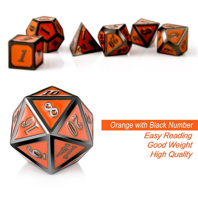 Metal & Enamel Dice Set - Orange & Gunmetal (7pcs)