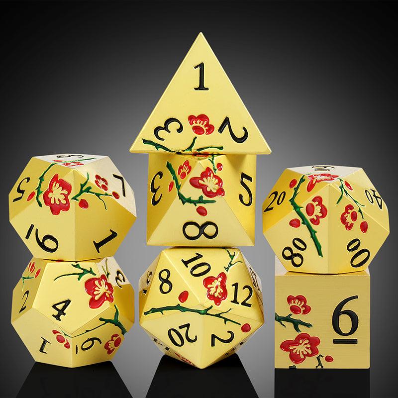 Metal & Enamel Sakura Dice Set - Gold & Red (7pcs)