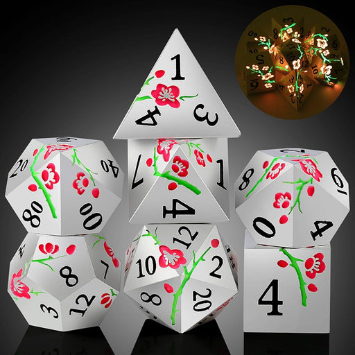 Metal & Enamel Sakura Dice Set - Silver & Pink Glow (7pcs)