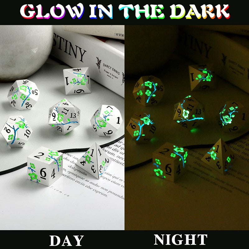 Metal & Enamel Sakura Dice Set - Silver & Green Glow (7pcs)