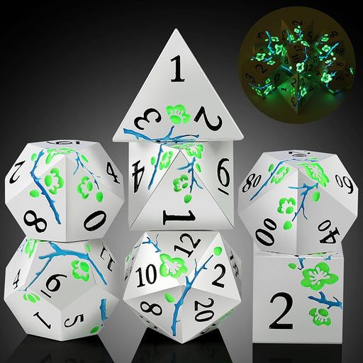 Metal & Enamel Sakura Dice Set - Silver & Green Glow (7pcs)