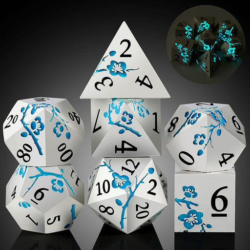 Metal & Enamel Sakura Dice Set - Silver & Sky Glow (7pcs)