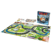 Board game set with track layout, cards, and a box labeled 'HEAT Heavy Rain' on a white background.