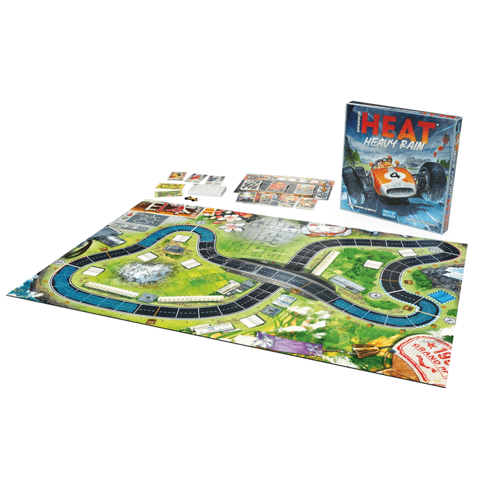 Board game set with track layout, cards, and a box labeled 'HEAT Heavy Rain' on a white background.