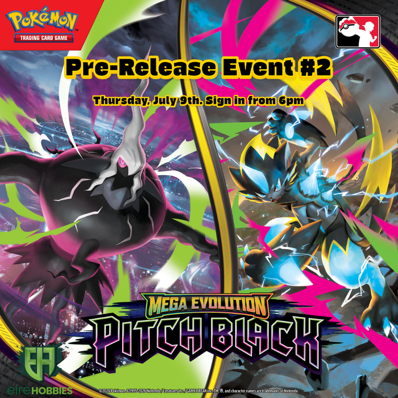 Promotional poster for a Pokémon trading card game pre-release event featuring two mega evolution cards.