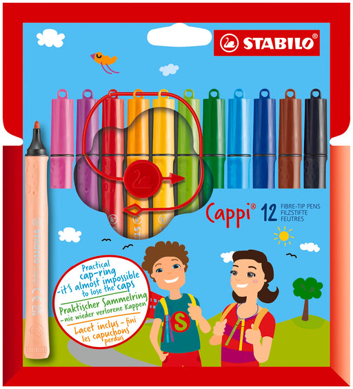 STABILO Cappi Felt-tip Pens with Cap-ring - 12 Assorted Colours