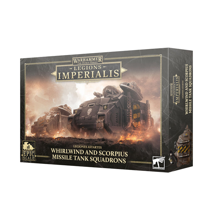 Warhammer 40K Legions Imperialis Whirlwind and Scorpius Missile Tank Squadrons box packaging.