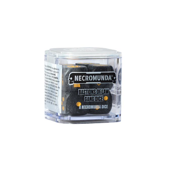 Necromunda dice set in a clear cube on a white background