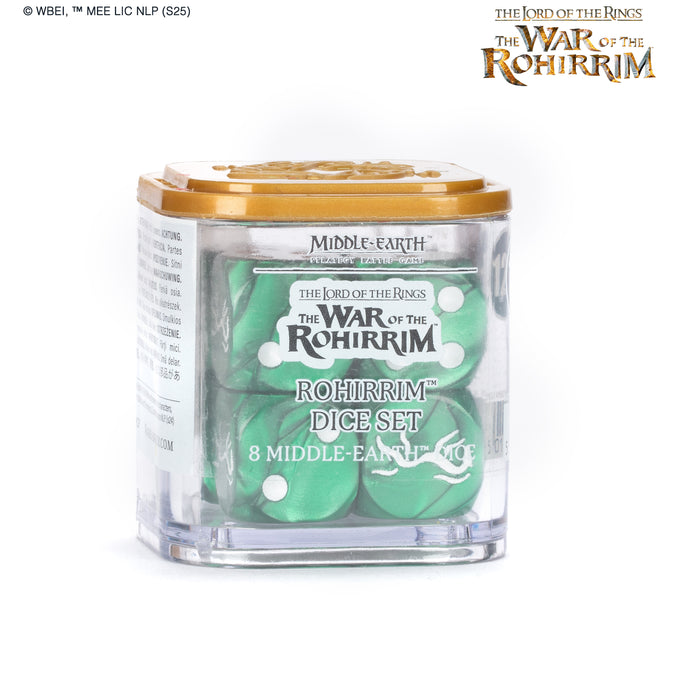 Green dice set in a clear container with gold lid, branded 'The Lord of the Rings: The War of the Rohirrim'.