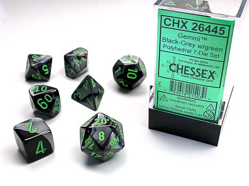 Chessex Polyhedral Dice: Gemini Black-Grey/Green (7-Die Set)