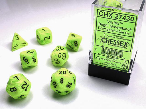 Chessex Polyhedral Dice: Vortex Bright Green/Black (7-Die Set)