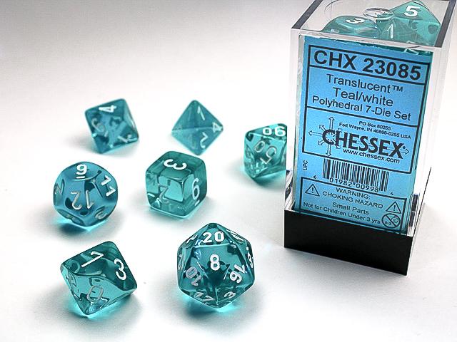 Chessex Polyhedral Dice: Translucent Teal/White (7-Die Set)