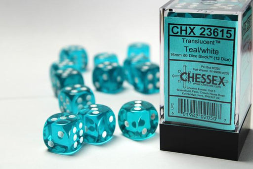 Chessex 16mm Dice, D6: Translucent Teal/White (12-Die Set)