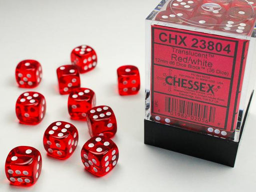 Chessex 12mm Dice, D6: Translucent Red/White (36-Die Set)