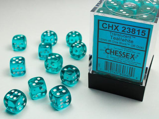 Chessex 12mm Dice, D6: Translucent Teal/White (36-Die Set)