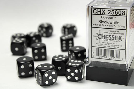 Chessex 16mm Dice, D6: Opaque Black/White (12-Die Set)