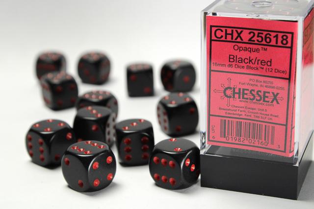 Chessex 16mm Dice, D6: Opaque Black/Red(12-Die Set)