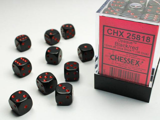 Chessex 12mm Dice, D6: Opaque Black/red(36-Die Set)