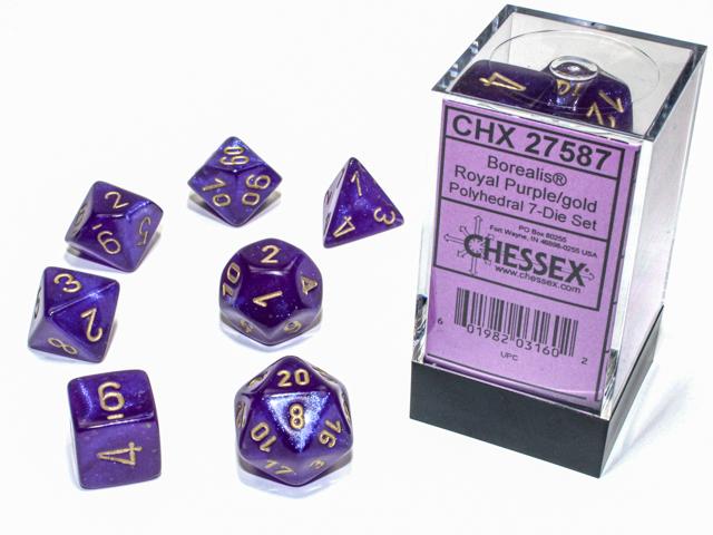 Chessex Polyhedral Dice: Borealis Royal Purple/Gold Luminary (7-Die Set)