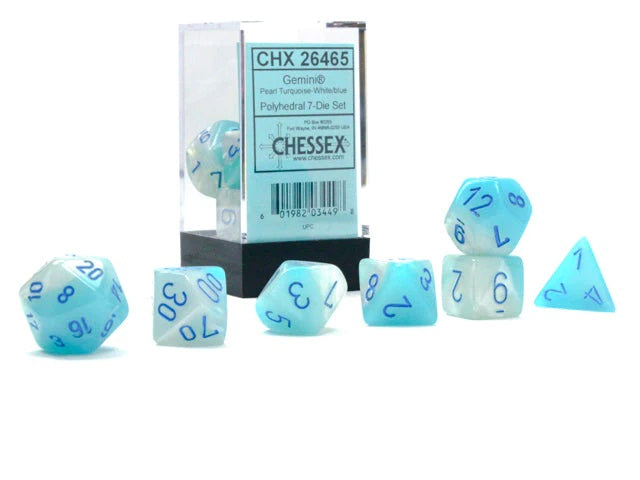 Chessex Gemini Dice - Polyhedral 7-Die - Pearl Turquoise-White/blue Luminary