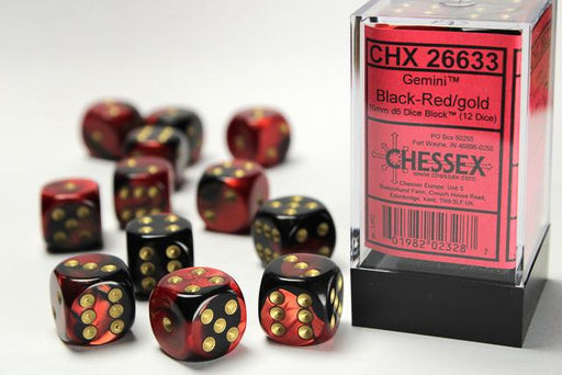 Chessex 16mm Dice, D6: Black-Red/Gold (12-Die Set)