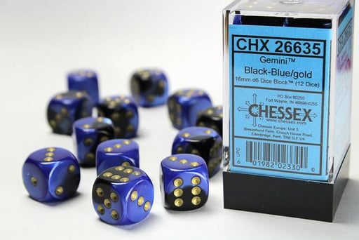 Chessex 16mm Dice, D6: Black-Blue/Gold (12-Die Set)