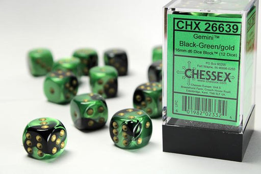 Chessex 16mm Dice, D6: Black-Green/Gold (12-Die Set)