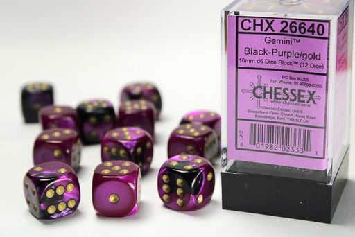Chessex 16mm Dice, D6: Black-Purple/Gold (12-Die Set)