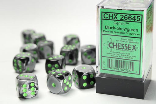 Chessex 16mm Dice, D6: Black-Grey/Green(12-Die Set)