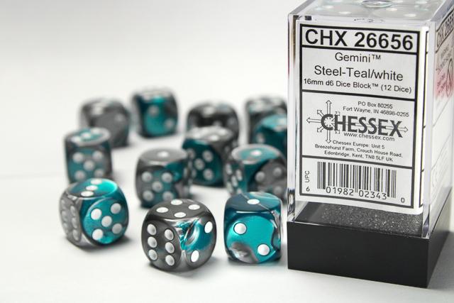 Chessex 16mm Dice, D6: Steel-Teal/White (12-Die Set)