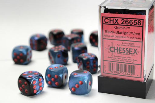 Chessex 16mm Dice, D6: Black-Starlight/Red(12-Die Set)
