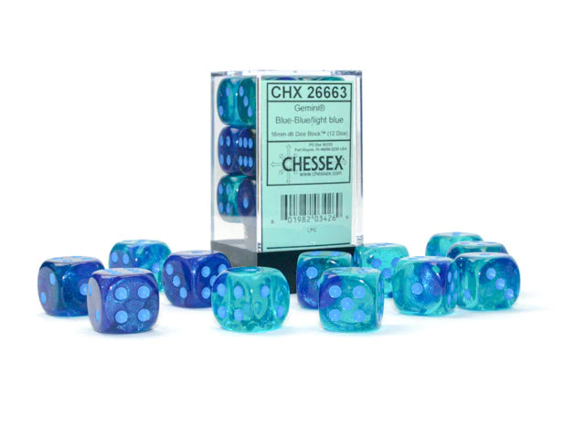 Chessex 16mm Dice, D6: Gemini Blue-Blue/light blue Luminary Dice Block (12-Die Set)