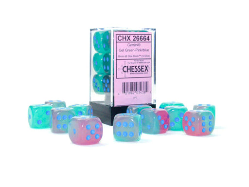 Chessex 16mm Dice, D6: Gemini Gel Green-Pink/blue Luminary Dice Block (12-Die Set)