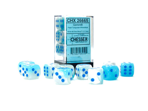 Chessex 16mm Dice, D6: Gemini Pearl Turquoise-White/blue Luminary (12-Die Set)