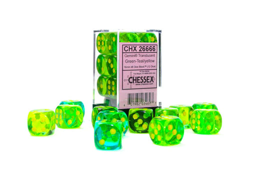 Chessex 16mm Dice, D6: Gemini Translucent Green-Teal/yellow Dice Block (12-Die Set)