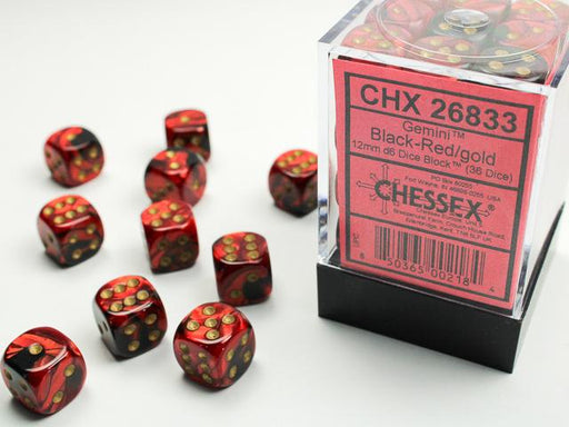 Chessex 12mm Dice, D6: Gemini Black-Red/Gold (36-Die Set)