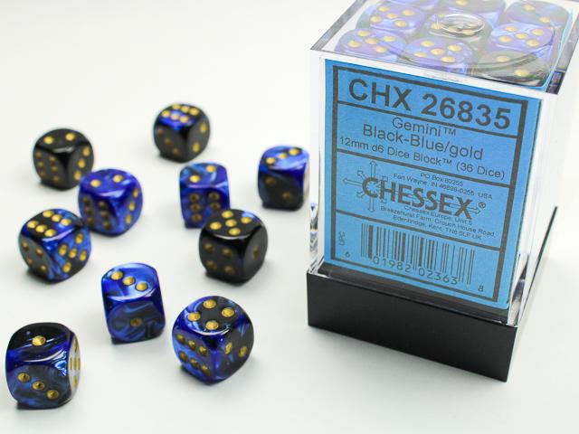 Chessex 12mm Dice, D6: Gemini Black-Blue/Gold (36-Die Set)