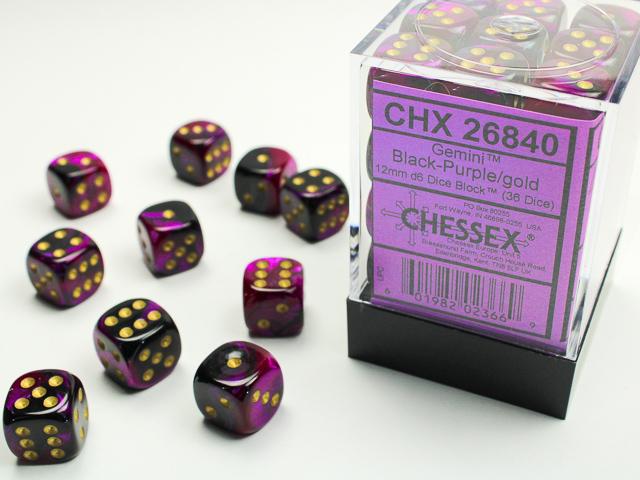 Chessex 12mm Dice, D6: Gemini Black-Purple/Gold (36-Die Set)