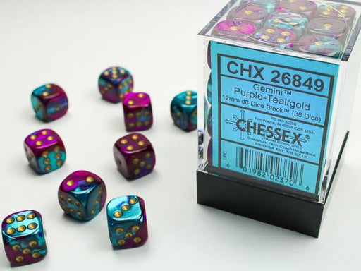 Chessex 12mm Dice, D6: Gemini Purple-Teal/Gold (36-Die Set)