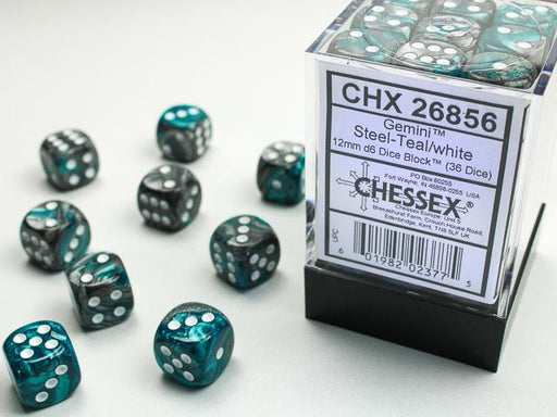 Chessex 12mm Dice, D6: Gemini Steel-Teal/White (36-Die Set)