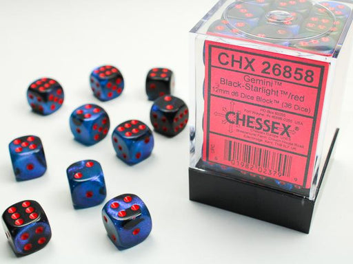 Chessex 12mm Dice, D6: Gemini Black-Starlight/Red(36-Die Set)